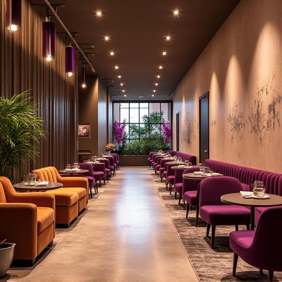 Interni moderni della lounge area di Stella Pista, con luci soffuse e design contemporaneo.