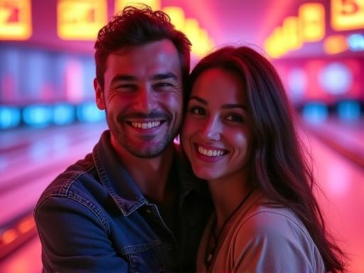 Una coppia di giovani sorride e si diverte insieme davanti a una pista da bowling illuminata.