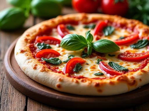 Un primo piano di una deliziosa pizza margherita con basilico fresco, servita su un tavolo di legno.