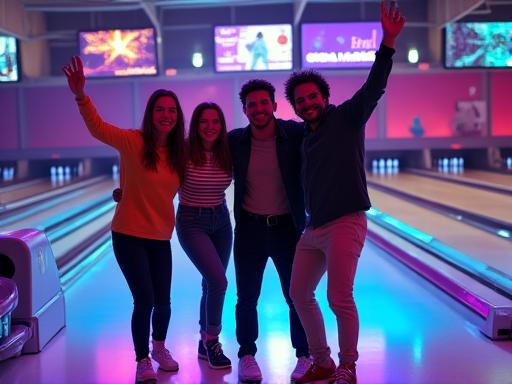 Gruppo di amici festeggia dopo aver realizzato uno strike in una delle piste illuminate di Stella Pista.