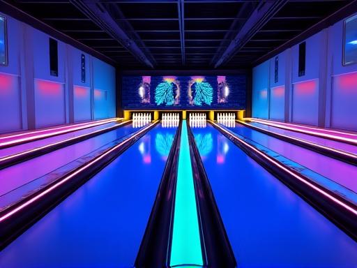Vista in prospettiva delle piste da bowling fluorescenti di Stella Pista, pronte per il gioco.