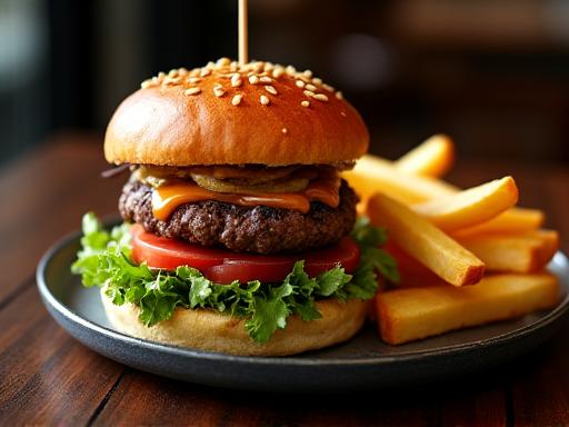 Piatto gourmet con un hamburger artigianale, patatine fritte croccanti e salsa, su un tavolo di legno scuro.