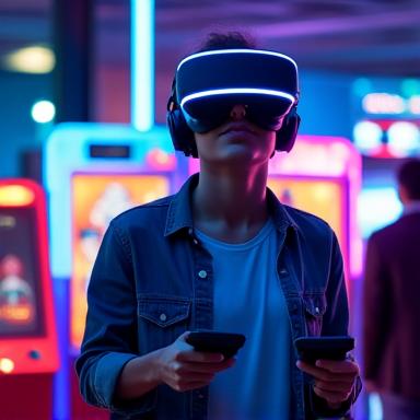 Una persona immersa in un'esperienza di gioco in realtà virtuale, con un visore VR e controller, circondata dalle luci soffuse di un'arcade.